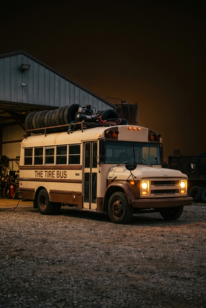 The short bus parked outside the shop