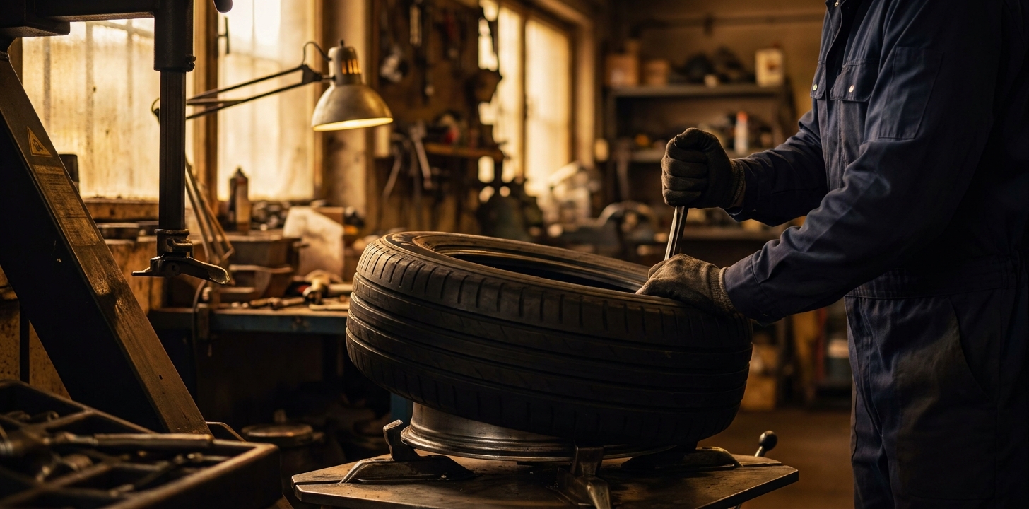 A Tire Bus tech seating a fresh tire on the mounting machine