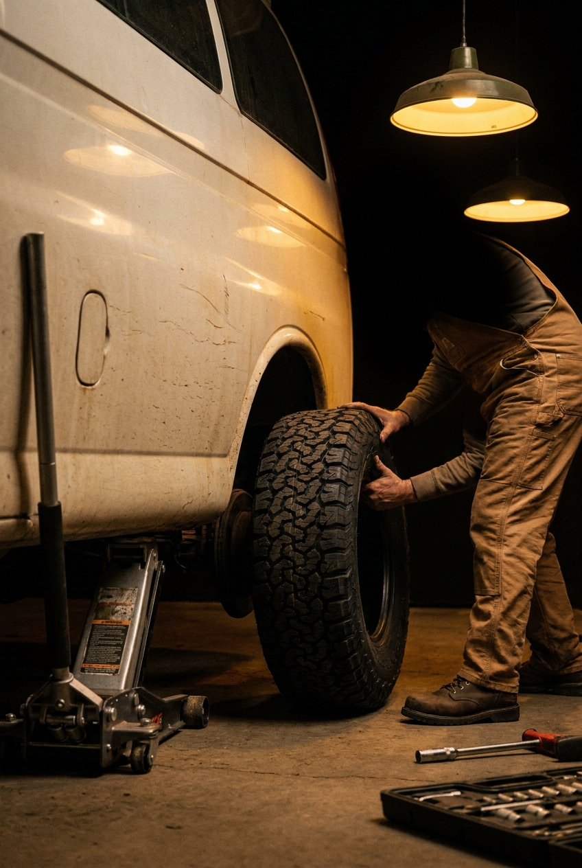 A fleet van getting fresh tires