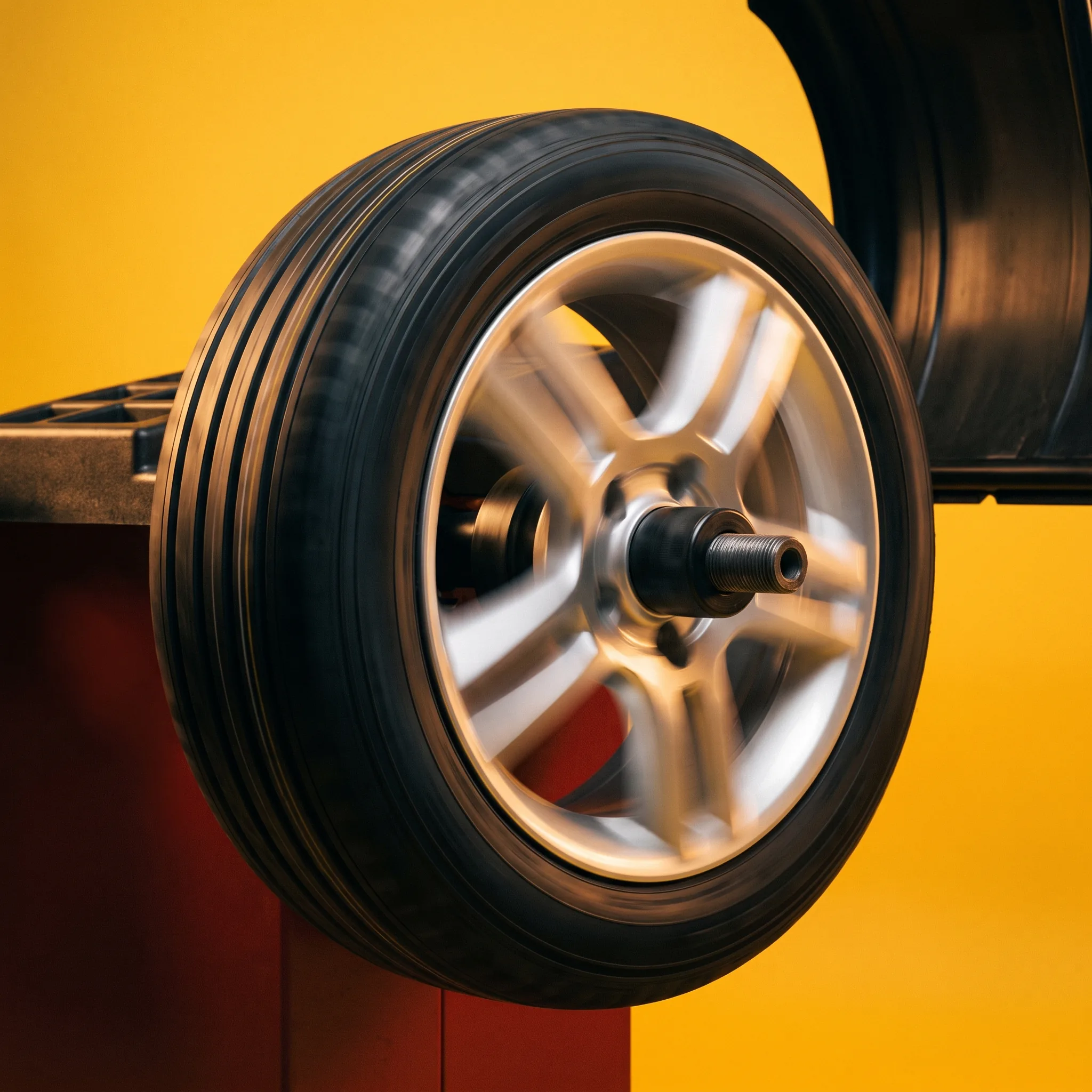 A wheel and tire spinning on the balancer against the red Tire Bus backdrop