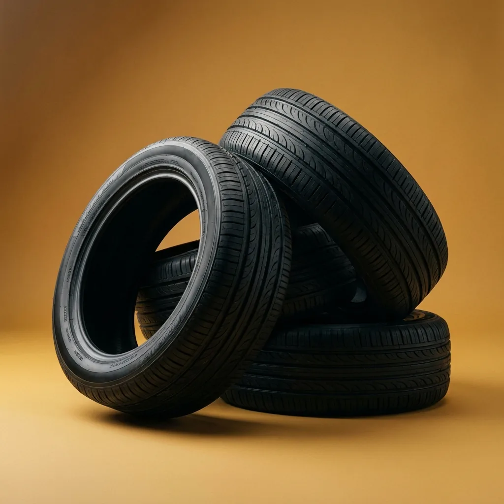 Four fresh tires stacked on the gold Tire Bus backdrop